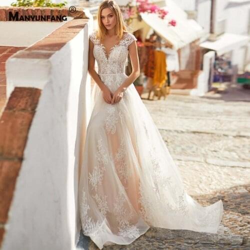 High-End Chapel Train Embroidery Appliques Tulle Bridal Gown 2021 Hot Sale Button Back Cap Sleeve V-Neck A-Line Wedding Dress