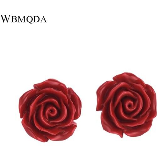 Wbmqda Lucky Rose Flower Stud Earrings For Women Silver Color Natural Stone Ethnic Bridal Earrings Vintage Jewelry