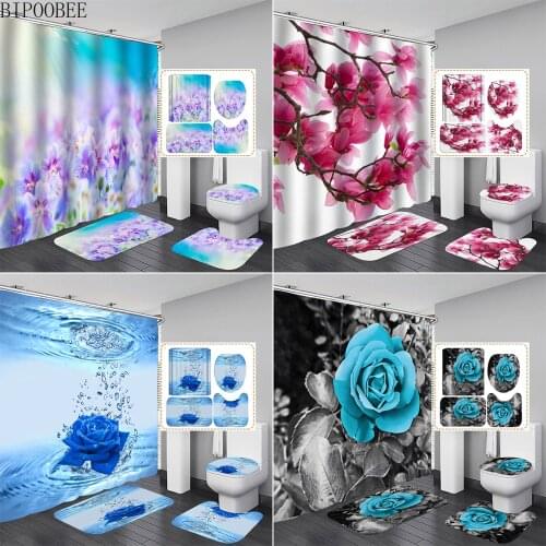 Blue Rose Bathroom Curtains Set Plum Blossom Beautiful Flower Fabric Shower Curtain Flannel Non-Slip Rug Toilet Lid Cover Carpet