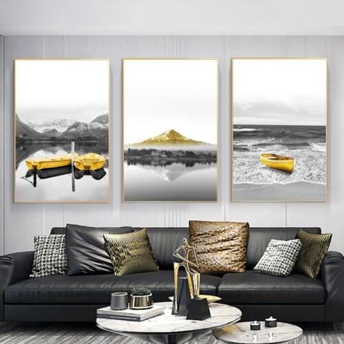 Yellow Boat on Lake Mountain Landscape Canvas Painting Modern Poster Print Wall Art Pictures for Living Room Home Decoration