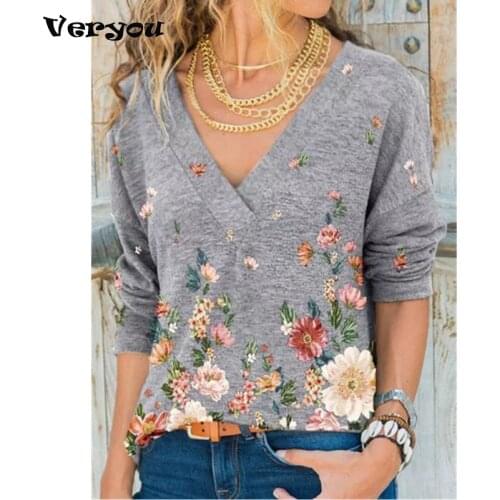 Spring Autumn Flower Printed Shirt Women Loose Tops V Neck Long Sleeved Women T Shirt Fashion Casual Plus Size Pullovers Tshirt