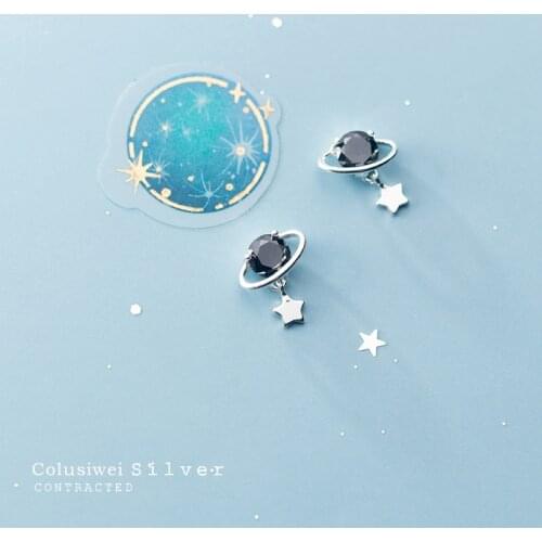 MODIAN New Black Crystal Planet Stud Earring for Women Authentic 925 Sterling Silver Starry Sky Ear Pin Korea Style Fine Jewelry