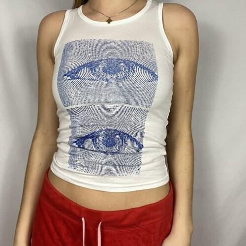 90s Eyes Printed Tank Tops Harajuku Corset Vintage Y2k Summer Fashion Streetwear 2021 Sleeveless Crop Top Women Casual Sweats