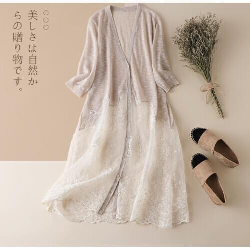 Mori Girl Summer Knitted Shirt Cardigan Women Embroidery Hollow Out Loose Female Airable Lace Midi Sun-Protect Clothing U005