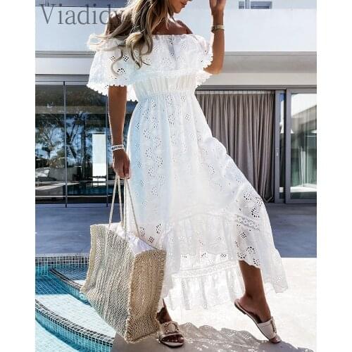 Women Elegant Off Shoulder Lace Ruffles Design Maxi Dress