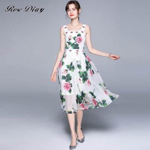 Holiday Rose Floral Printed Spaghetti Strao Dress 2021 Summer Women Slash Neck Backless Boho Beach Chiffon Long Dresses Vestidos