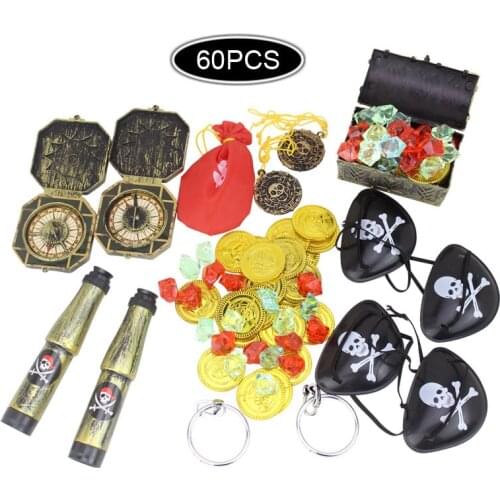 60 Pcs Childrens Pirate Treasure Toys Treasure Hunting Game Props Pirate Gem Gold Coin Pirate Dress Up Set Toys