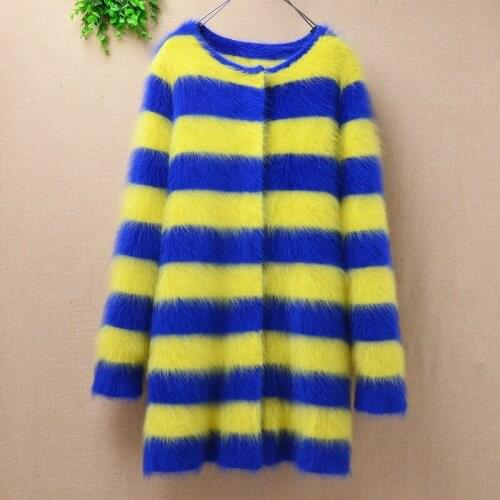 Free shipping wholesale striped fashion thick slim plush angora rabbit fur long sleeves cardigan sweater mink coat autumn winter