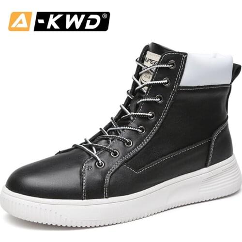 Fashion Black White Single Men Boots Heren Schoenen With Fur Shoes Men Winter Genuine Leather Snow Shoes Men High Tops Sneakers