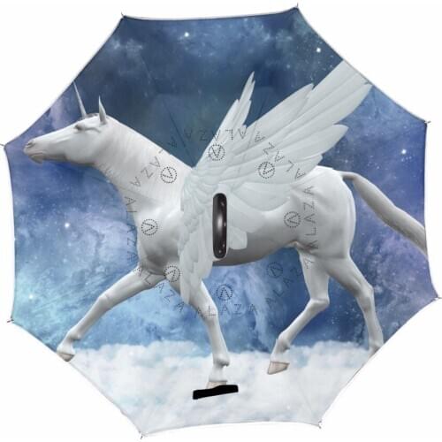 Unicorn Wind Resistant Folding Reverse Umbrella Double Layer Umbrella Parasol for Men Women Long Shank Creative Travel