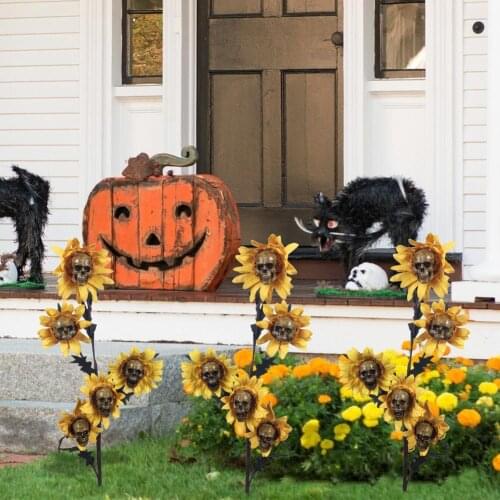 Simulated Skull Head Sunflower Garden Statue Resin Craft Scary Flower Ornaments For Patio Lawn Yard Halloween Decoration