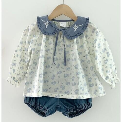 Print Embroidery Peter Pan Beautiful Blouses 2021 Long Sleeve Baby Girls Floral Shirts Sweet Girl Ins Style Children Clothes