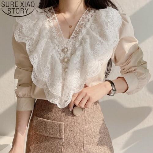 Sweet Lace Tops Korean V-neck Ruffles Blouse 2021 New Vintage Women Blouse Spring Long Sleeve Loose Clothes Blouses Blusas 13657