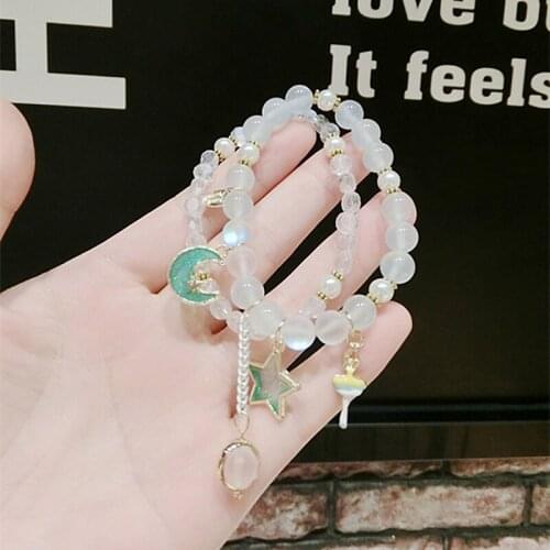 New 2pcs/set Moon Star Pink/Green/Purple Crystal Bracelets Set Korean Summer Fashion Bracelet for Women Girls Jewelry YBR310