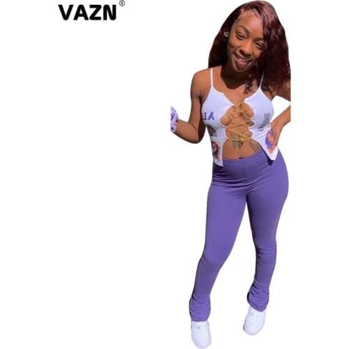 VAZN 2020 New Casual Outdoor O-neck Two Piece Set Solid Slim 2 Piece Set Women Sleeveless Full Pant Summer Sets