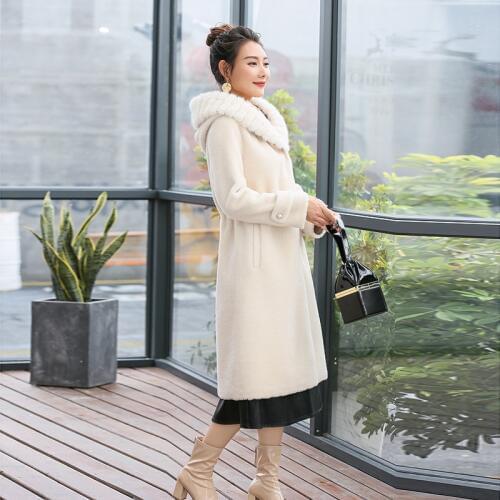 Autumn Winter Real Women Sheep Shearing Wool Coat Female Jacket Mink Collar Hooded Korean Long Fur Coats 117 KJ2509