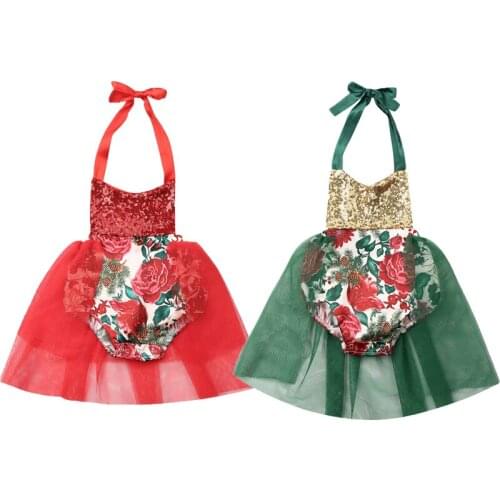 Xmas Toddler Kid Baby Girl Romper Dress 0-24M Christmas Red Sleeveless Flowers Sequined Print Party Tutu Dress Clothes