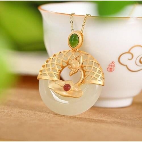 S925 Sterling Silver Gold-Plated Natural Hotian Jade Pendant Retro Chinese Lotus Peace Buckle Ornament