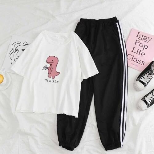 Cartoon 2 Piece Set Outfits for Teens Girls Tracksuit Top Cute Dinosaur Streetwear Pants Set Summer Short Sleeve Pant Suits