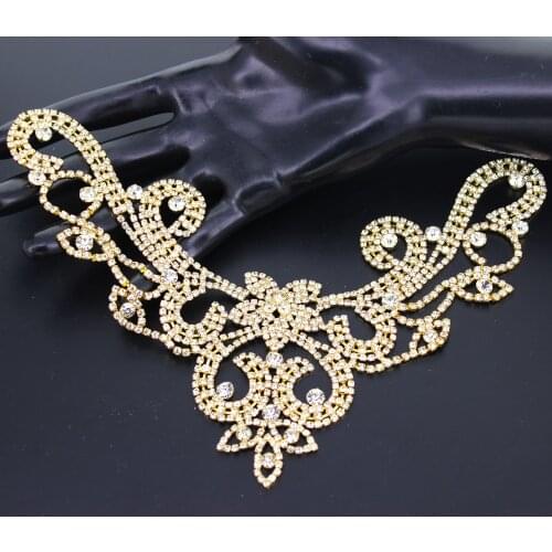 Bridal Applique Design Patch Sewing for Wedding Dresses Gold Beaded V-Neck Sequin Sew On Neckline Rhinestone Crystal Trim