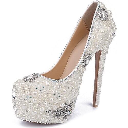 White Pearl Wedding Shoes Crystal Diamond Bridal Shoe Super High Heel Platform Round Toe Shallow Handmade Pumps Shoes For Brides