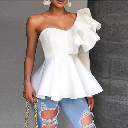 One Shoulder Zipper Up Peplum Ruffled Tops Solid Elegant Tops Office Lady Ruffles Sleeve Spring Summer Party Tops Blusas