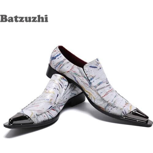 Batzuzhi Italian Type Formal Business Dress Shoes Men Pointed Metal Tip White Genuine Leather Shoes Men Party and Wedding