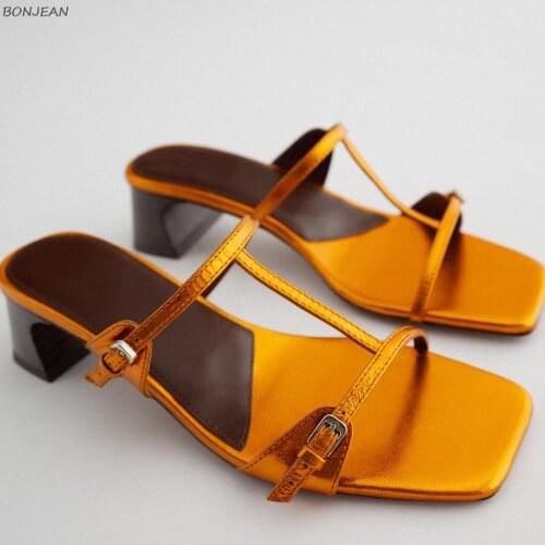 2020 New Summer Womens Slippers Fashion Yellow Double Strap Square Heel Ladies Shoes Fashion Square Toe Womens Slippers