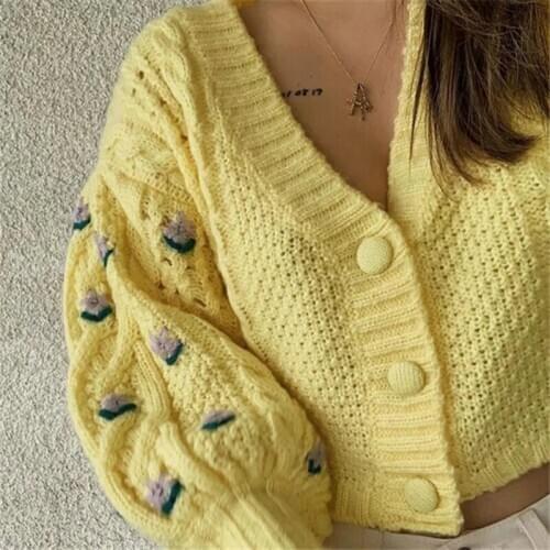 Casual Knitted Floral Embroidery V Neck Cardigan Coat Autumn Winter Women Single Breasted Long Sleeve Oversized Sweaters Tops