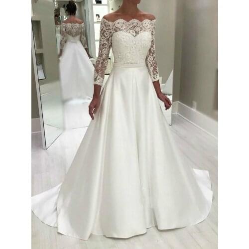 Classic Satin A Line Wedding Dresses Off Shoulder Long Sleeve Button Back Vestido Robe De Mariee Novia Bridal Gown Wedding Gowns