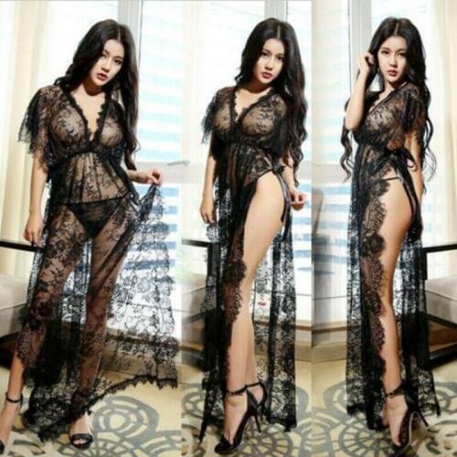 Womens Lace See Through Deep V Neck Bandage Long Sleeve Lingerie Nightwear Beach Bikini Cover Up Split Dress