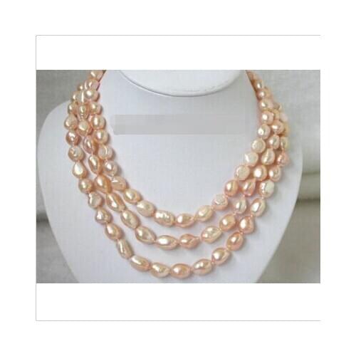Hot sale~~~~~NATURAL 3strands 11mm baroque pink pearl necklace