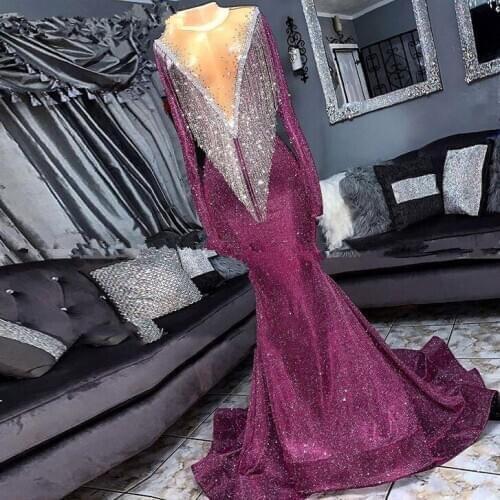 Purple Evening Dresses Mermaid Scoop Long Sleeves Sequins Sparkle Beaded Dubai Saudi Arabia Long Prom Dress Gown Robe De Soiree