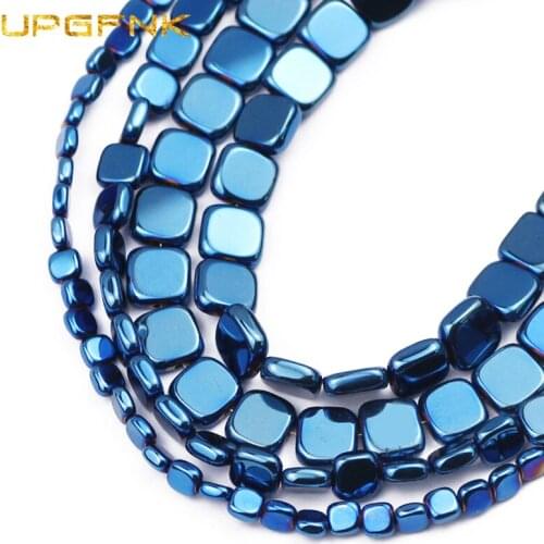 UPGFNK Natural Stone Blue Flat Square Hematite Spacers Loose Beads For Jewelry Making Diy Bracelets Accessories Findings 4/6/8mm