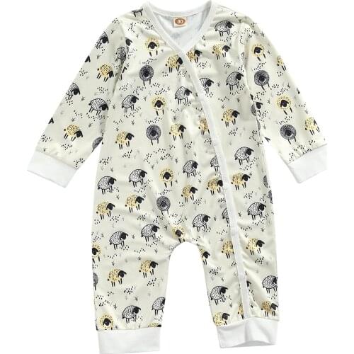 Newborn Sheep Print Romper Baby Girls Boys Casual Style Long Sleeve Round Neck Jumpsuit