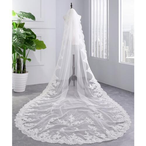2020 new arrive Appliqued white ivory sexy bridal veil one layer 350cm Lace Edge Cathedral Wedding Veil With Comb Velos de novia