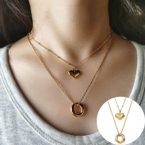 Dainty Heart Pendant Necklace for Women O Charm Layered Stainless Steel Gold Color Elegant Jewelry Gifts Link Chain LDS14