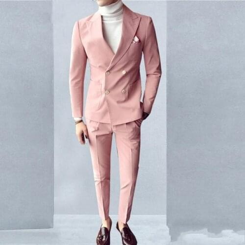 Pink Fashion Men Suits Double Breasted 2 Pieces (Jacket+Pants) Peaked Collar Slim Fit Suits for Wedding Dinner Party Tuxedos