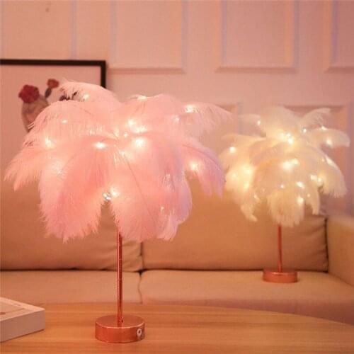 DIY Creative Warm Light USB AA Battery Power Bedroom Decor Tree Feather Lampshade Remote Control Feather Table Lamp Wedding Home