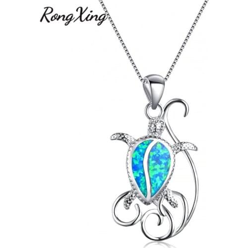 RongXing Women Fashion Turtle Pendant Blue/White Fire Opal Necklaces Silver Color Animal Jewelry 2018 Gifts NL0179