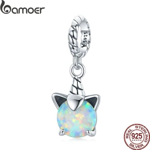 Bamoer Silver Opal Unicorn Pendant 925 Sterling Silver Charm Pendant for Original Bracelet Bangle Women Fashion Jewelry BSC474