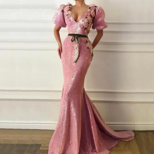 Saudi Arabian Mermaid Evening Dresses Sequined V Neck Sweep Train Belts Dubai Caftan Zipper Elegant Formal Party Gowns