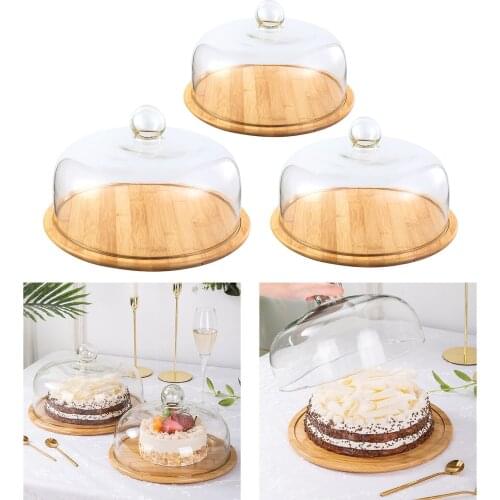 Vintage Glass Cover Serving Tray Cloche Platter Wooden Storage Cake Stand Muffin Appetizer Plate Dust-Proof Dome Party Decor