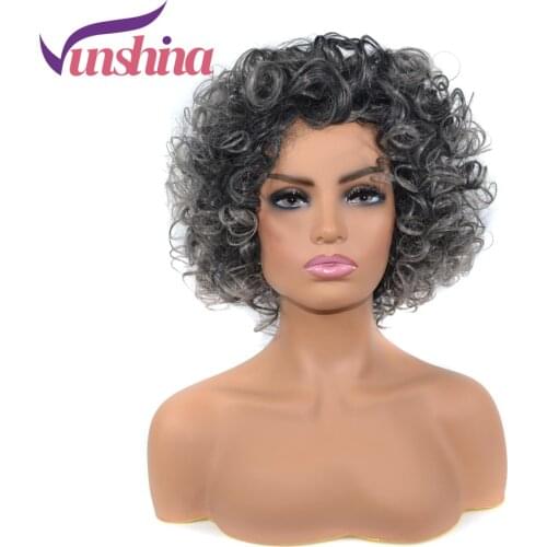 Vunshina Grey Ombre Synthetic Wig Bouncy Curly Short Dark Roots Gray Wigs With Bangs For Black Women Natural Curls Cosplay Wig