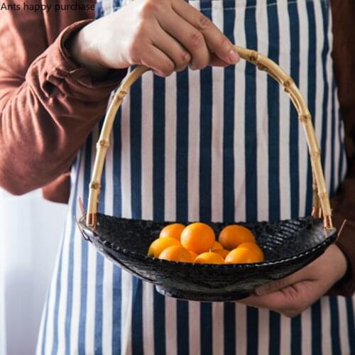 Japanese Style Black Ceramic Plate Bamboo Handle Hanging Plate Household Tableware Set Jewelry Salad Fruit Plate Kitchen Utensil
