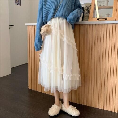 2021 Spring Autumn New Women Fashion Elegant Solid All-match High Waisted Mid-calf Irregular Mesh Skirts Female Clothing Y349