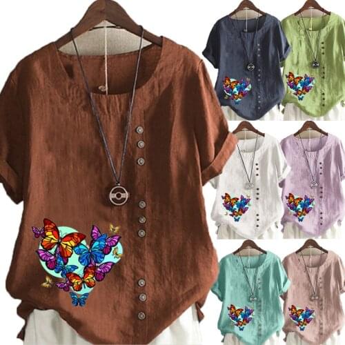 Plus Size Womens Fashion T-shirt Butterfly Printed Short Sleeve Casual Round Neck Blouse Pullover Tops Ladies Summer Fashion