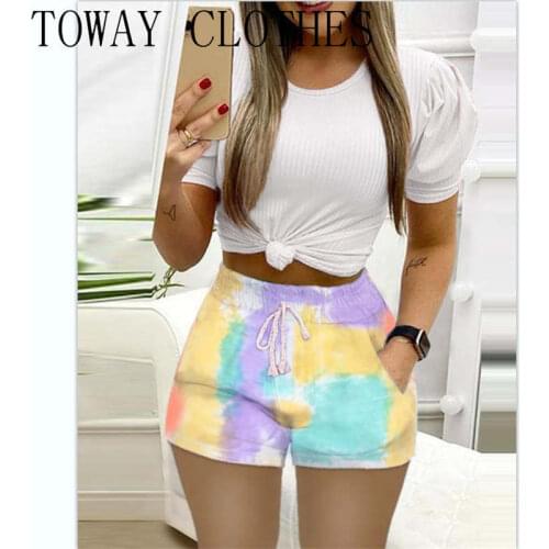 Women Summer Round Neck Ribbed Puff Sleeve Top & Tie Dye Print Drawstring Shorts Set Pocket Design 2PC Set