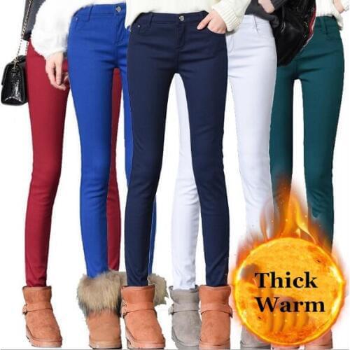 2020 Thick Pencil Pants For Women Winter Warm Skinny Femme Trousers With Velvet Inside Solid Slim Female Pants Plus Size Black