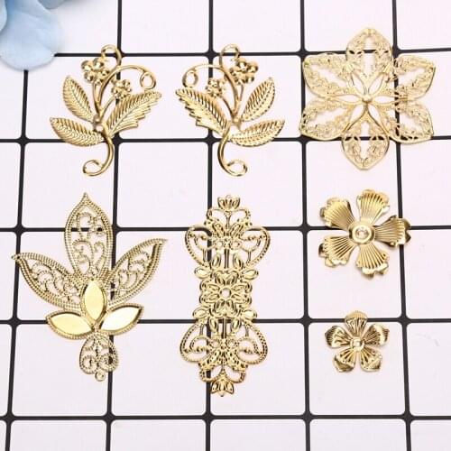 50Pcs/lot Lozenge Metal Filigree Flowers Slice Charms Base Setting Jewelry DIY Components Findings